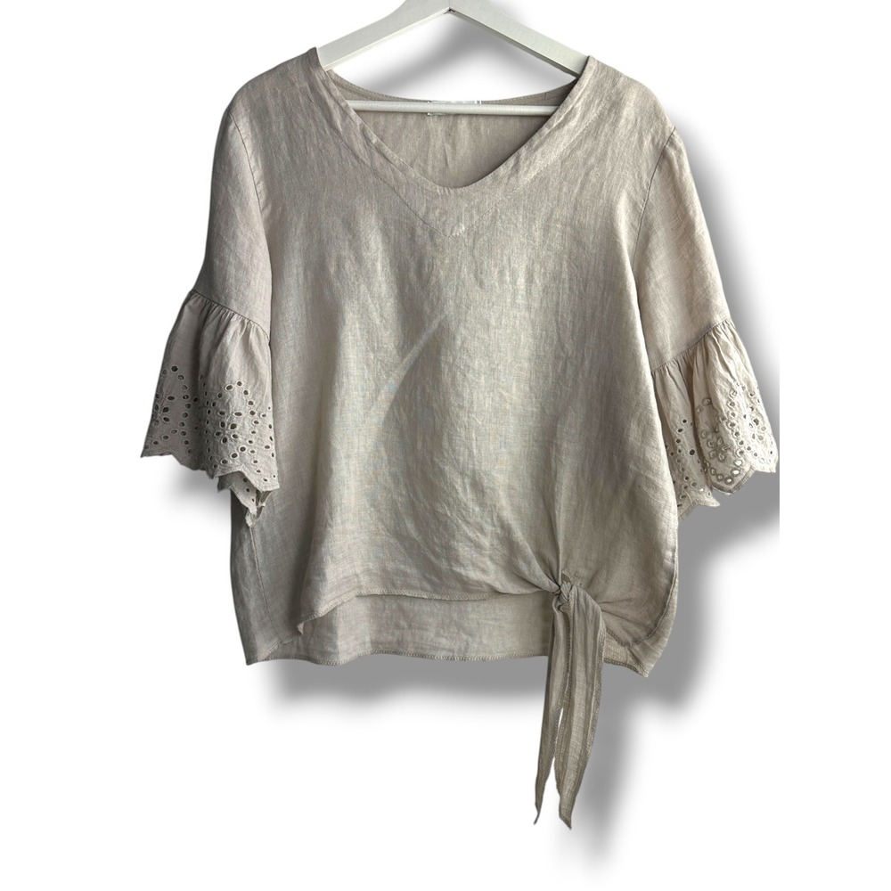 Made in Italy Linen Blouse Women S/M Oatmeal Eyelet Bell Sleeve Side Tie Top
